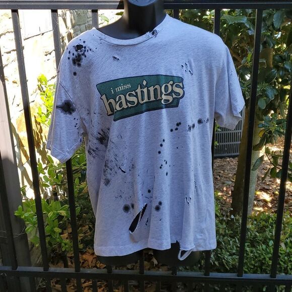 Men's L "I Miss Hastings" Trashed Distressed Ripped T-shirt Tee Thrasher Unique - Picture 1 of 8